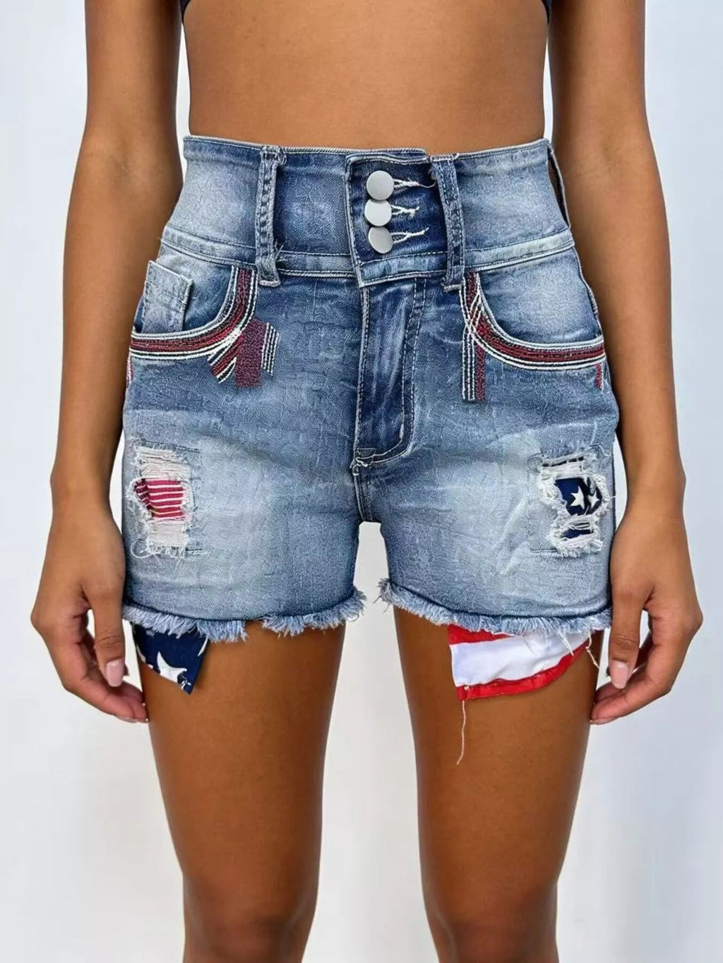 American Flag Distressed Denim Shorts - Lara Moda