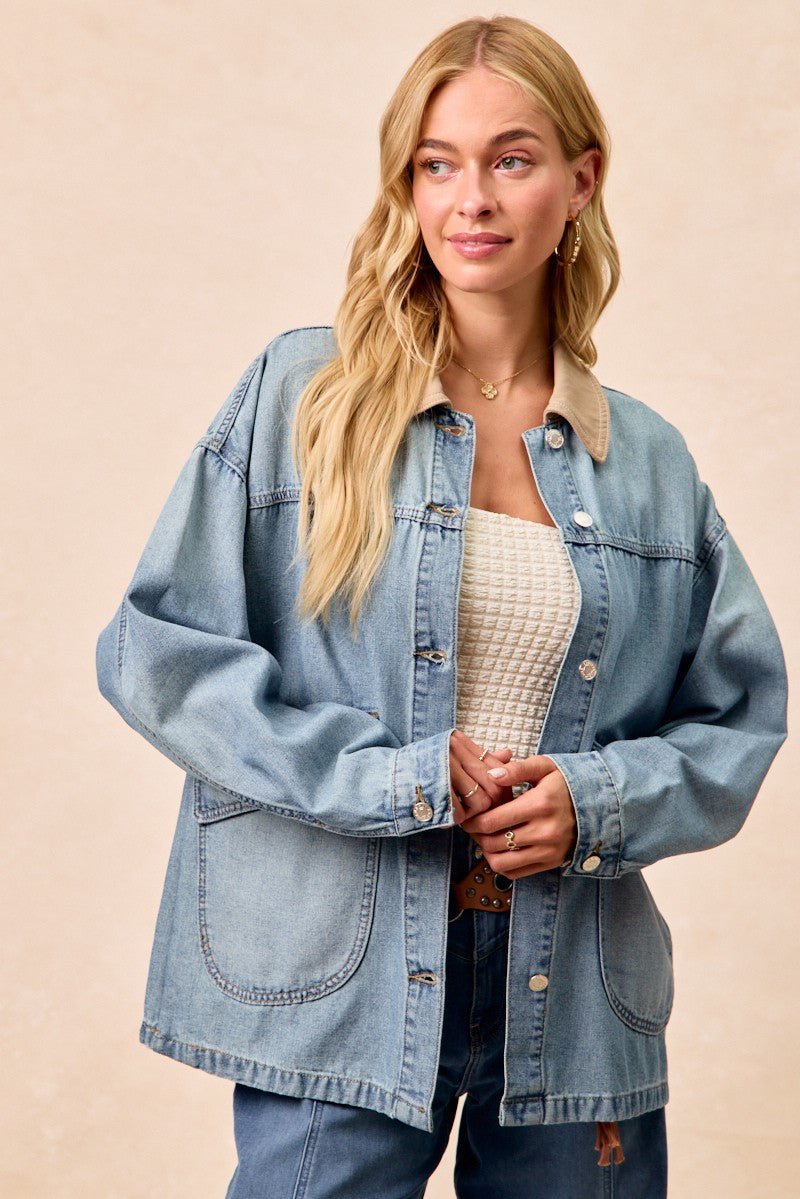 BiBi Washed Denim Jacket with Contrast Collar Detail - Lara Moda