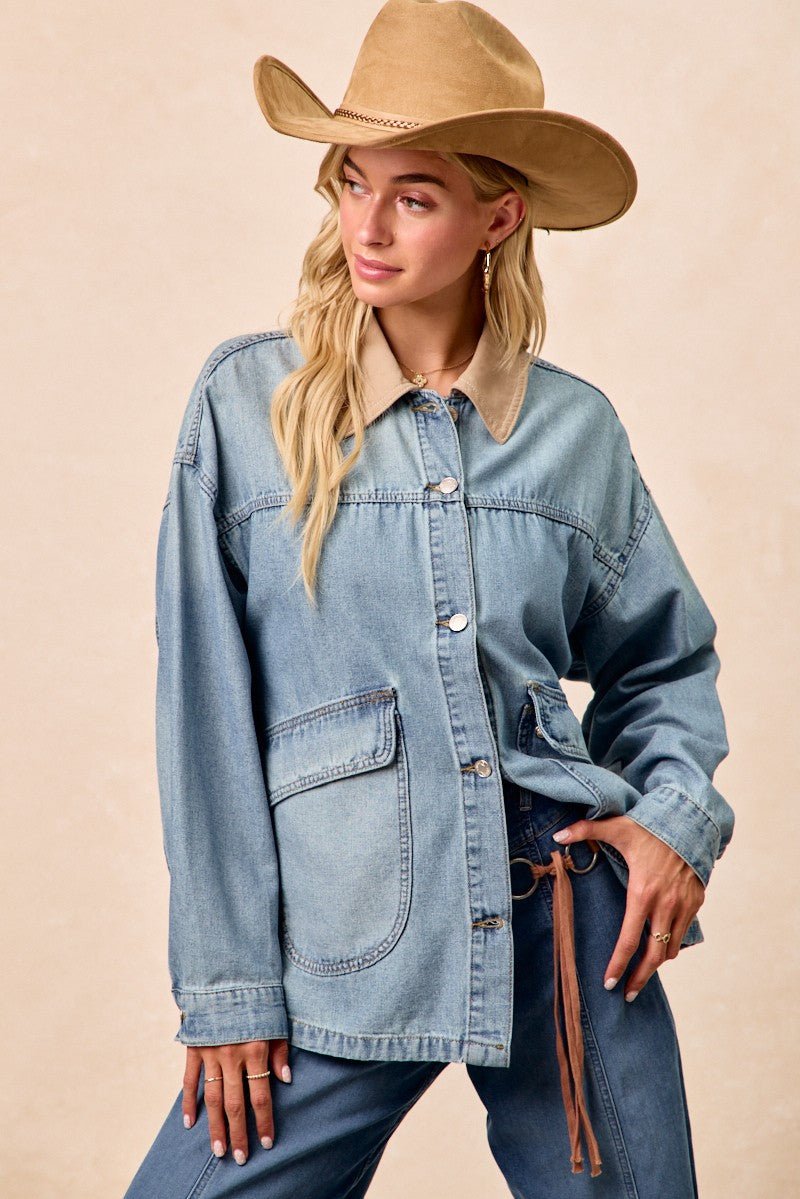 BiBi Washed Denim Jacket with Contrast Collar Detail - Lara Moda