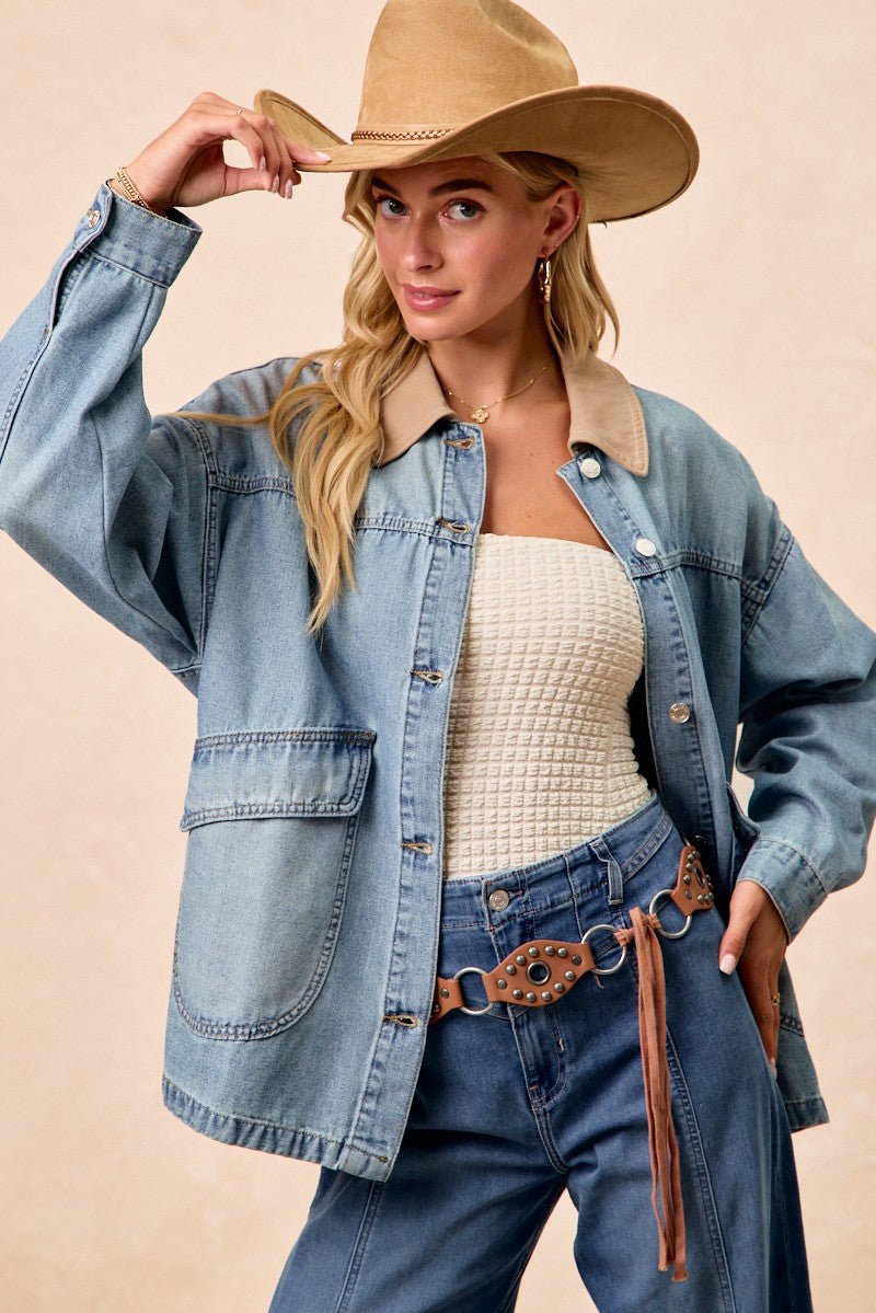 BiBi Washed Denim Jacket with Contrast Collar Detail - Lara Moda