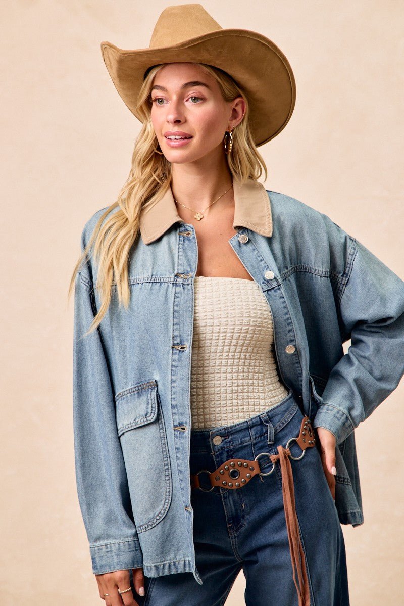 BiBi Washed Denim Jacket with Contrast Collar Detail - Lara Moda