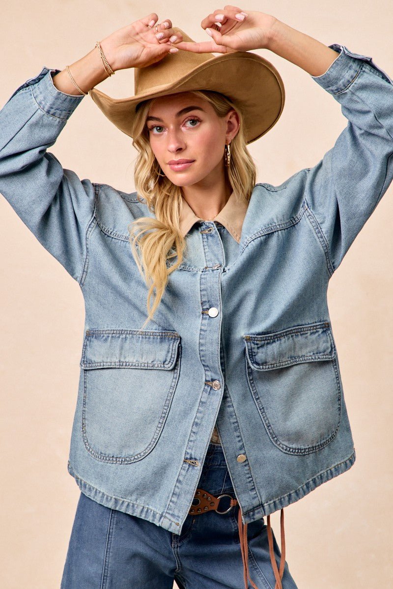BiBi Washed Denim Jacket with Contrast Collar Detail - Lara Moda