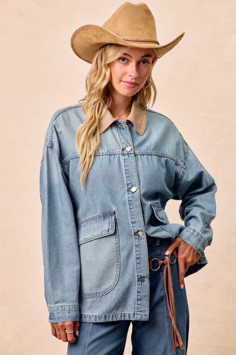BiBi Washed Denim Jacket with Contrast Collar Detail - Lara Moda