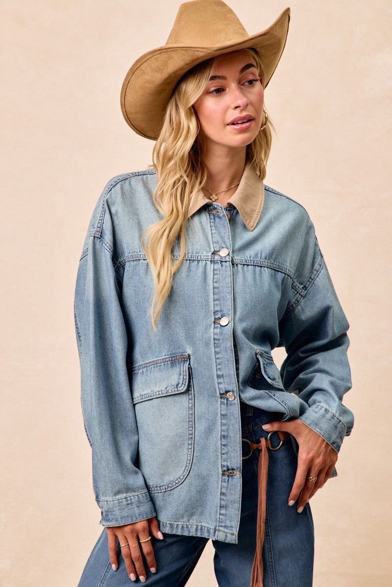 BiBi Washed Denim Jacket with Contrast Collar Detail - Lara Moda