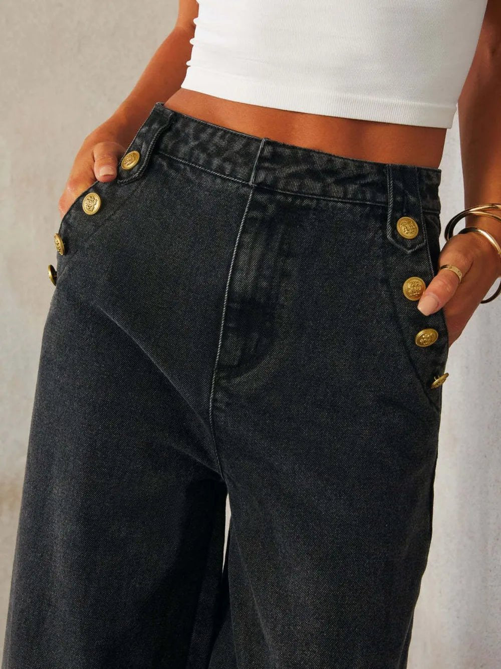 Button Decor High Rise Wide Leg Jeans - Lara Moda