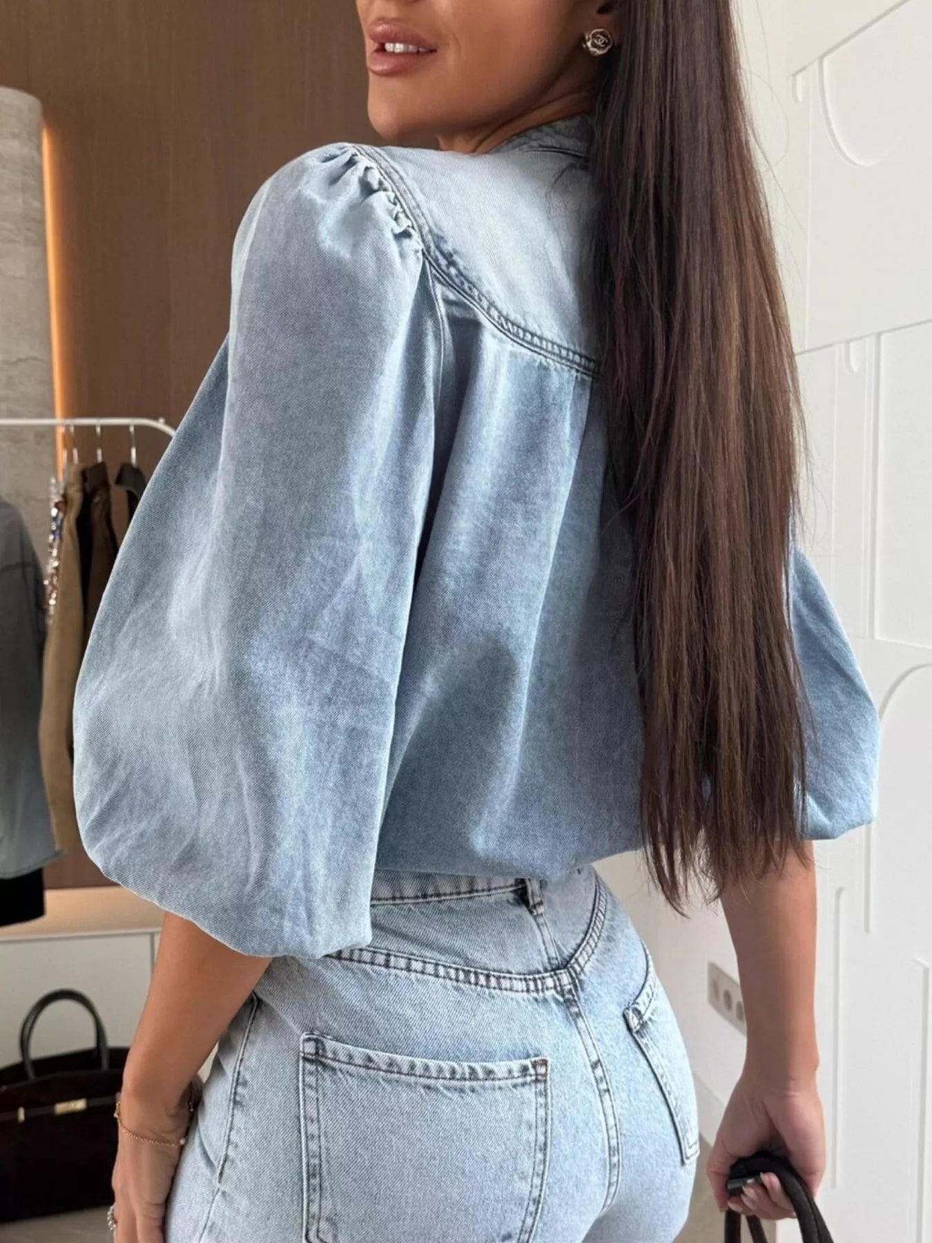 Button-Down Puff Sleeve Denim Top - Lara Moda