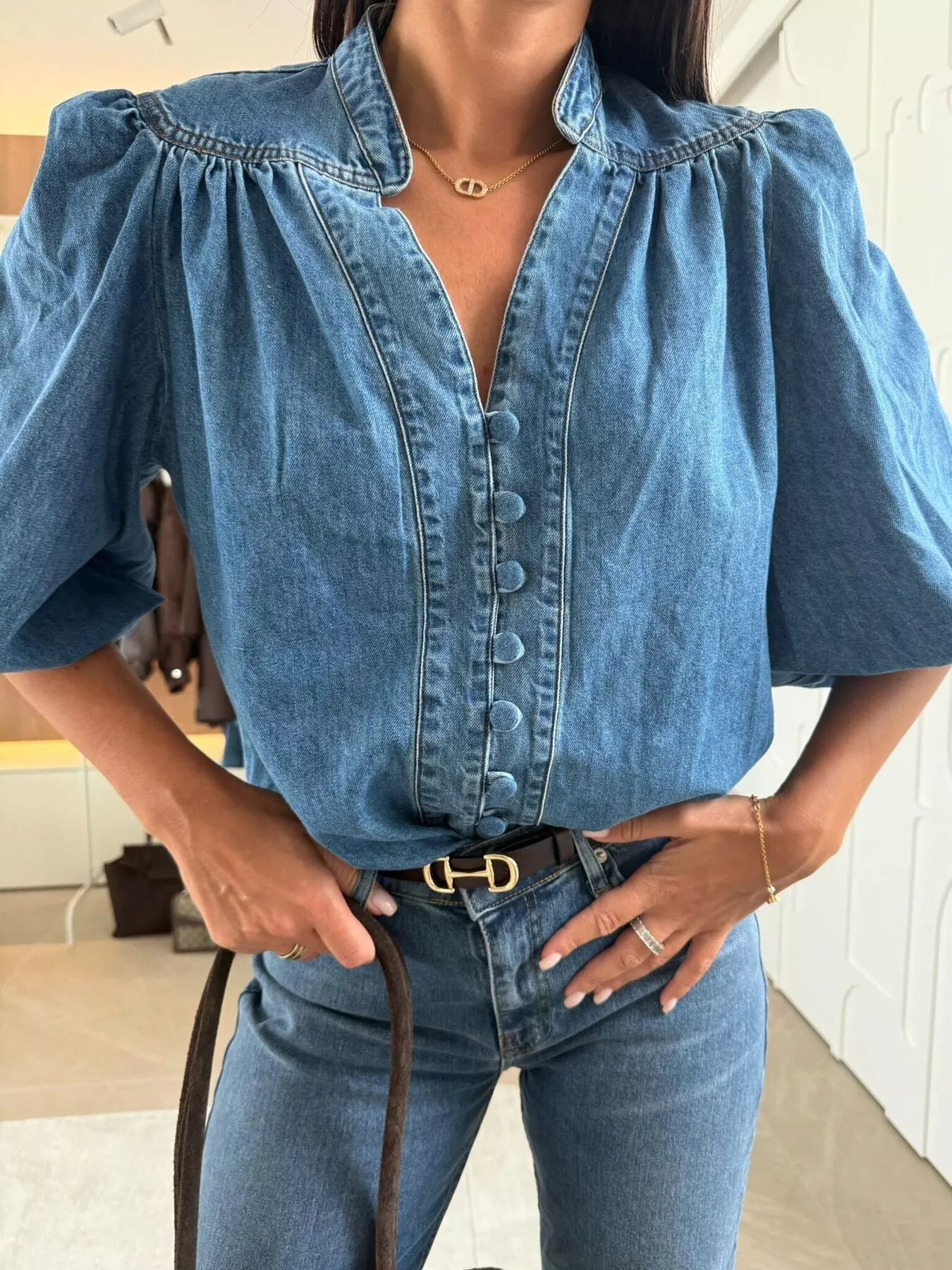 Button-Down Puff Sleeve Denim Top - Lara Moda