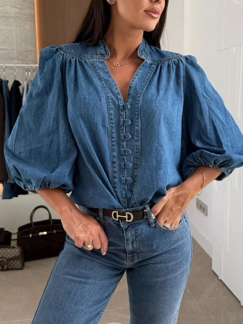 Button-Down Puff Sleeve Denim Top - Lara Moda