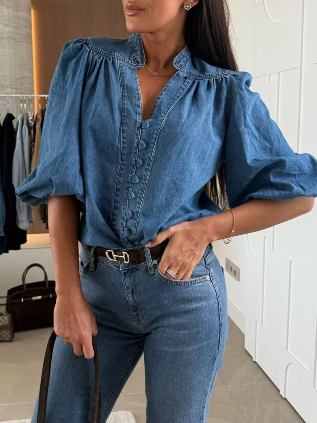 Button-Down Puff Sleeve Denim Top - Lara Moda