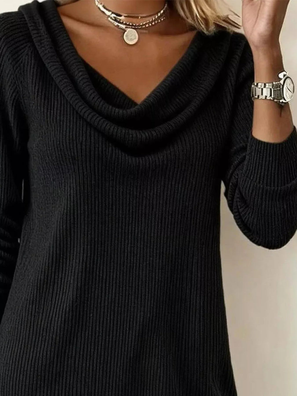Casual Cowl Neck Ribbed Knit Mini Dress - Lara Moda