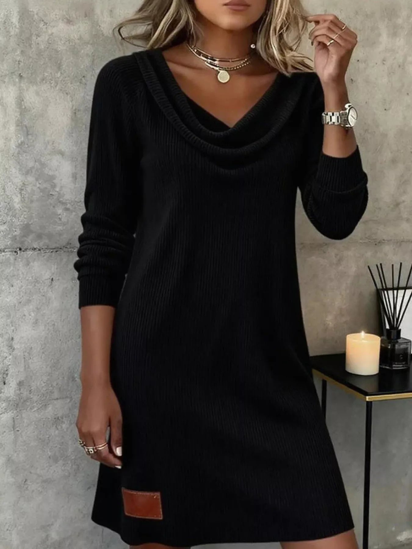 Casual Cowl Neck Ribbed Knit Mini Dress - Lara Moda