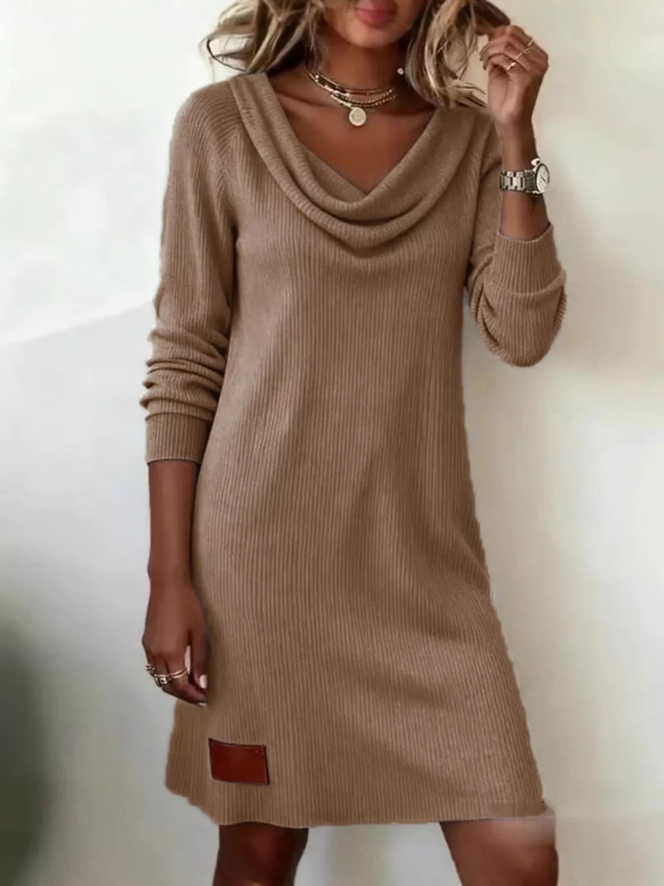 Casual Cowl Neck Ribbed Knit Mini Dress - Lara Moda