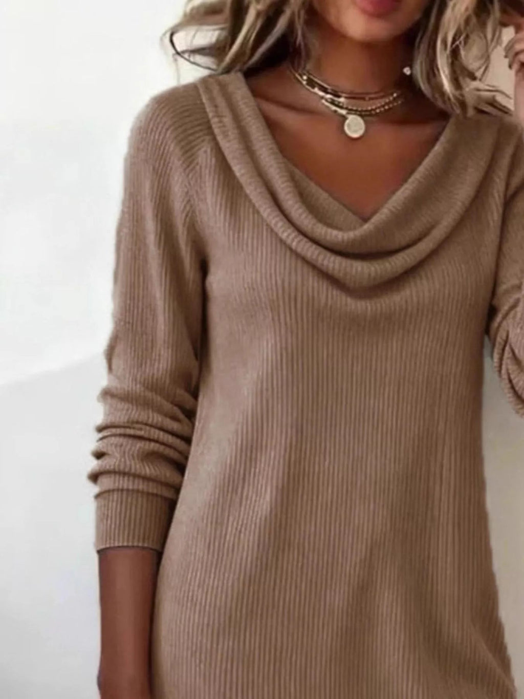 Casual Cowl Neck Ribbed Knit Mini Dress - Lara Moda