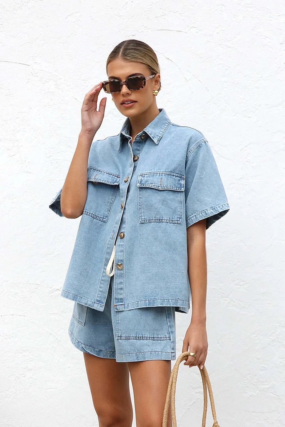 Collared Neck Button Up Top and Shorts Denim Set - Lara Moda