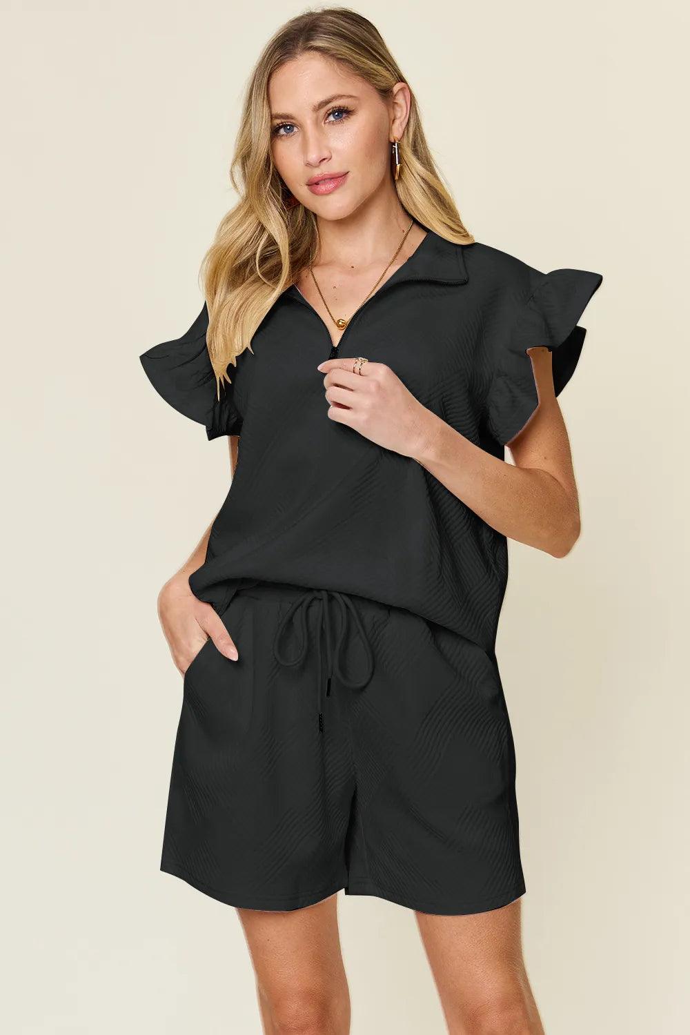 Conjunto Double Take com Top Texturizado Manga Babado e Short com Cordão - Lara Moda