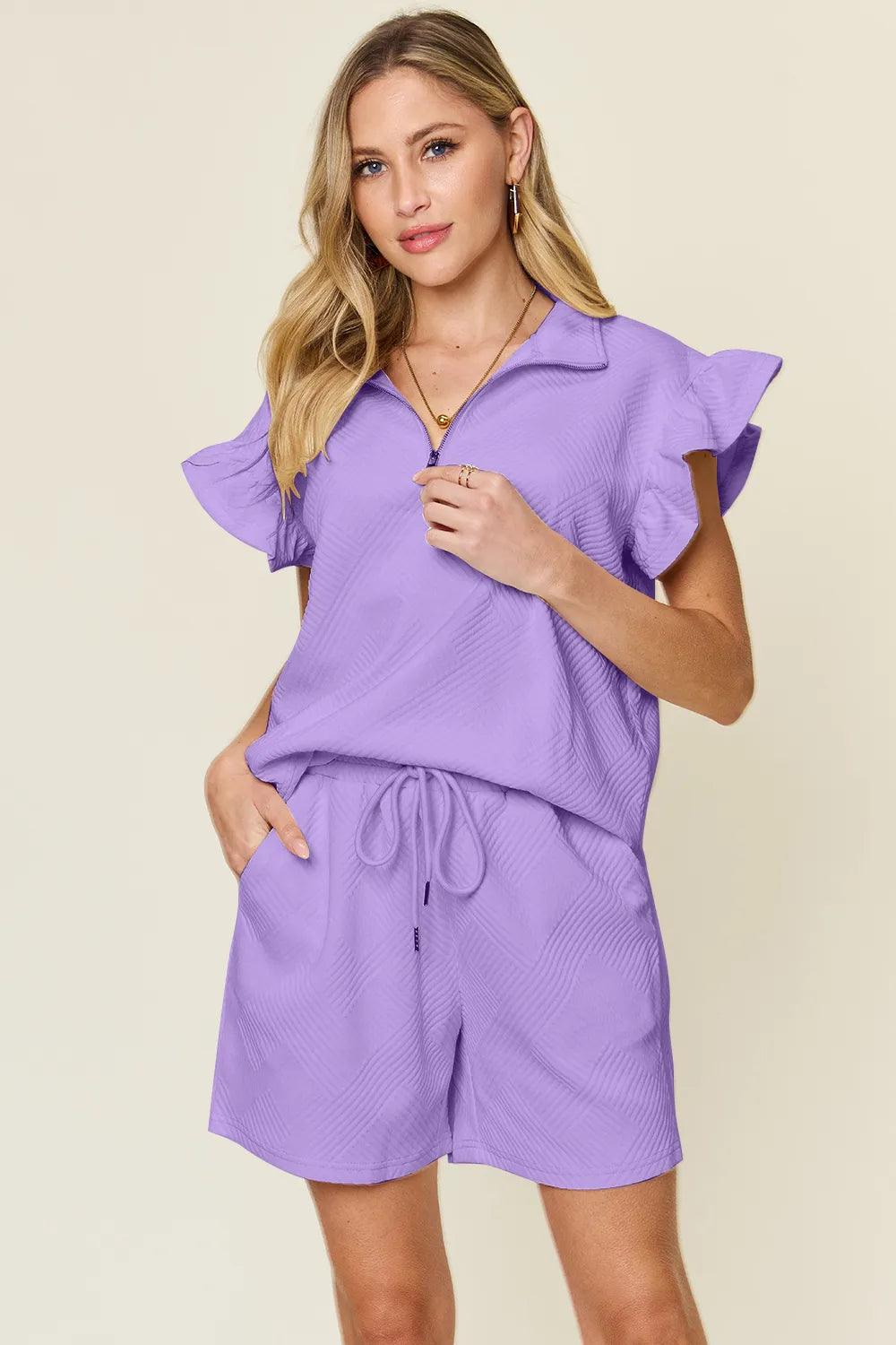 Conjunto Double Take com Top Texturizado Manga Babado e Short com Cordão - Lara Moda
