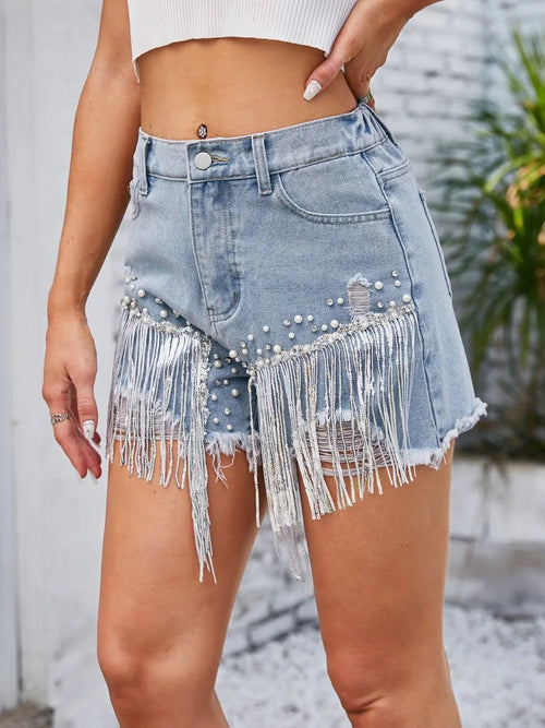 Distressed Pearl Trim Denim Shorts with Pockets - Lara Moda