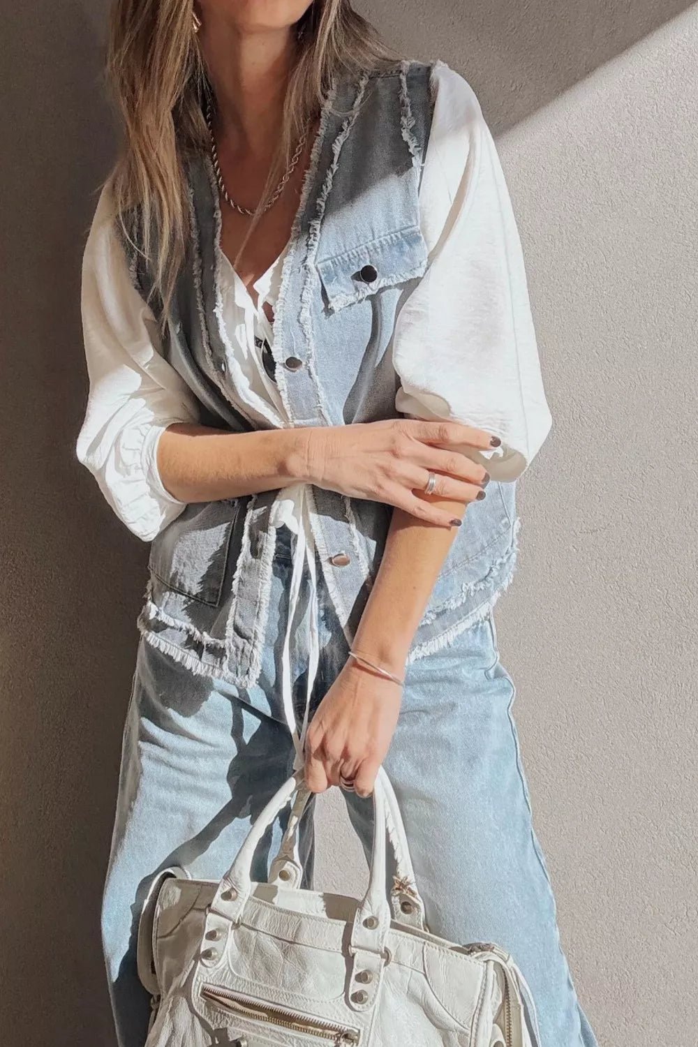 Frayed Edge Flap Pockets Denim Vest Jacket - Lara Moda