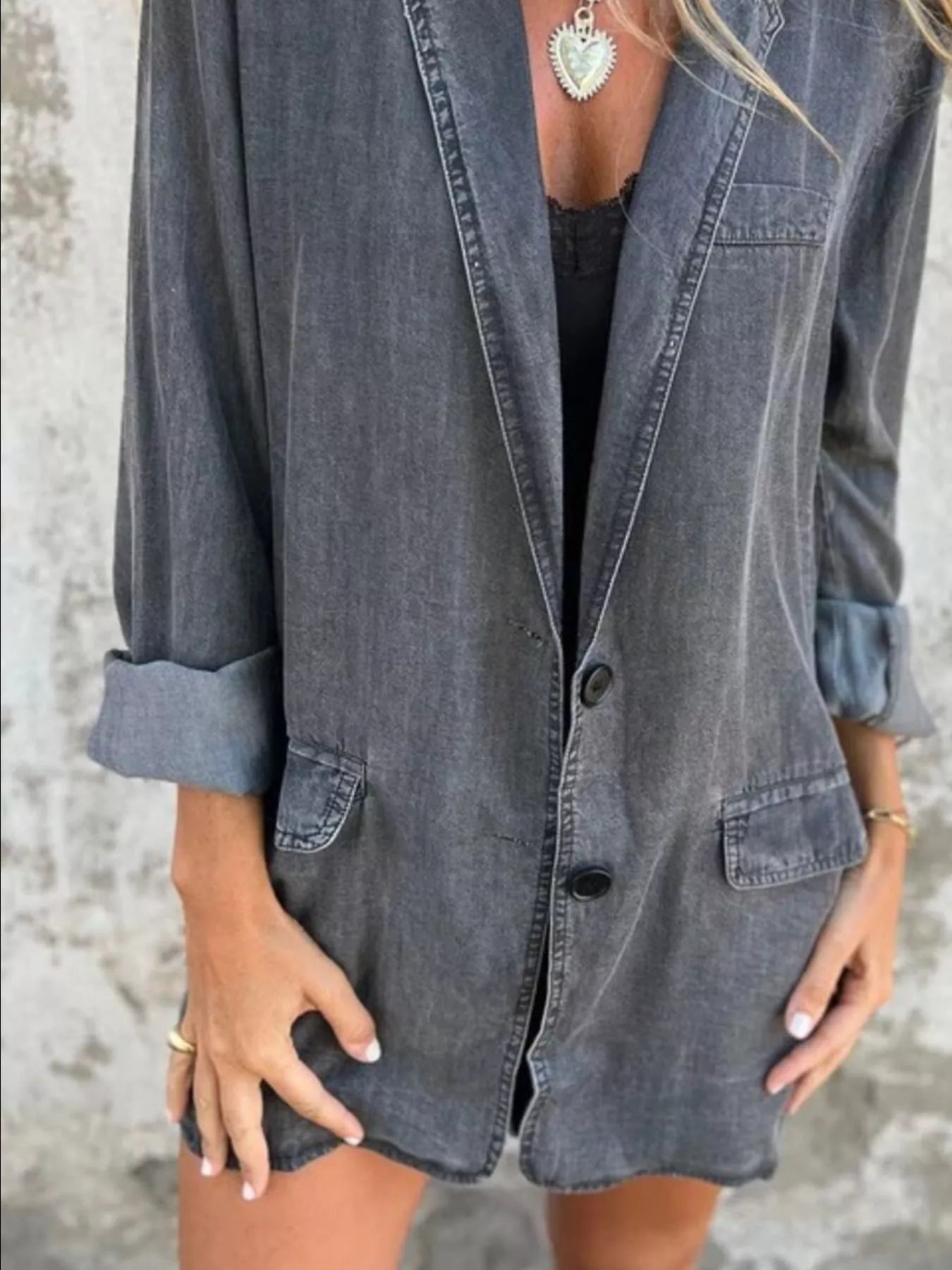 Full Size Button Down Denim Blazer Plus Size - Lara Moda