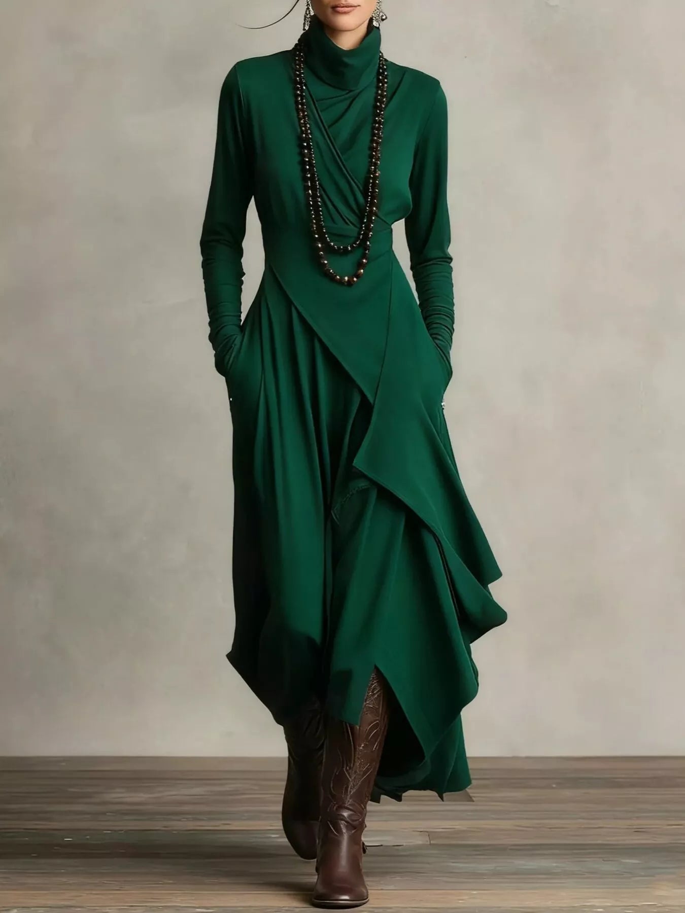 Full Size Turtleneck Asymmetrical Hem Maxi Dress Plus Size - Lara Moda