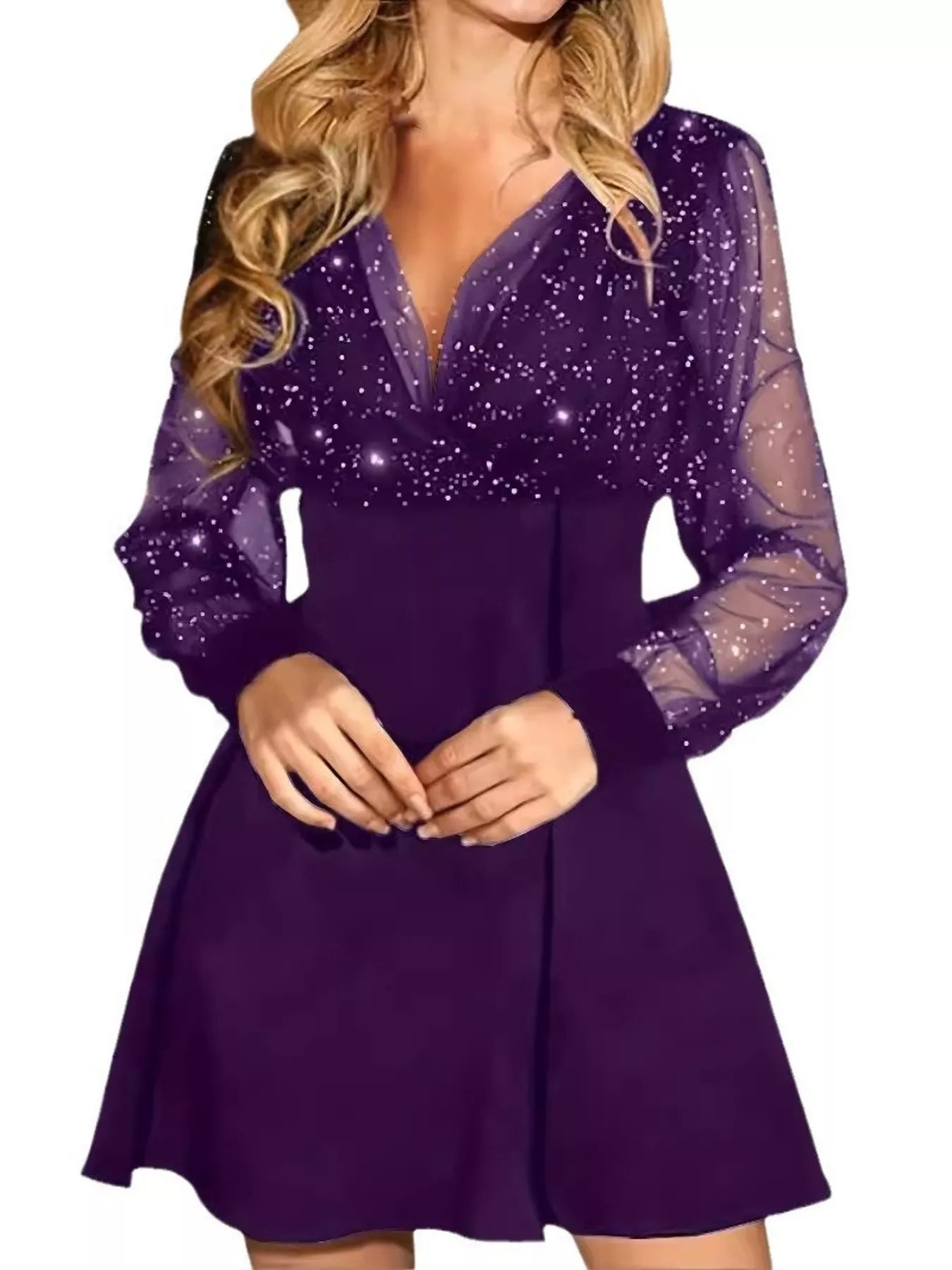 Glitter Mesh Long Sleeve Mini Dress - Lara Moda