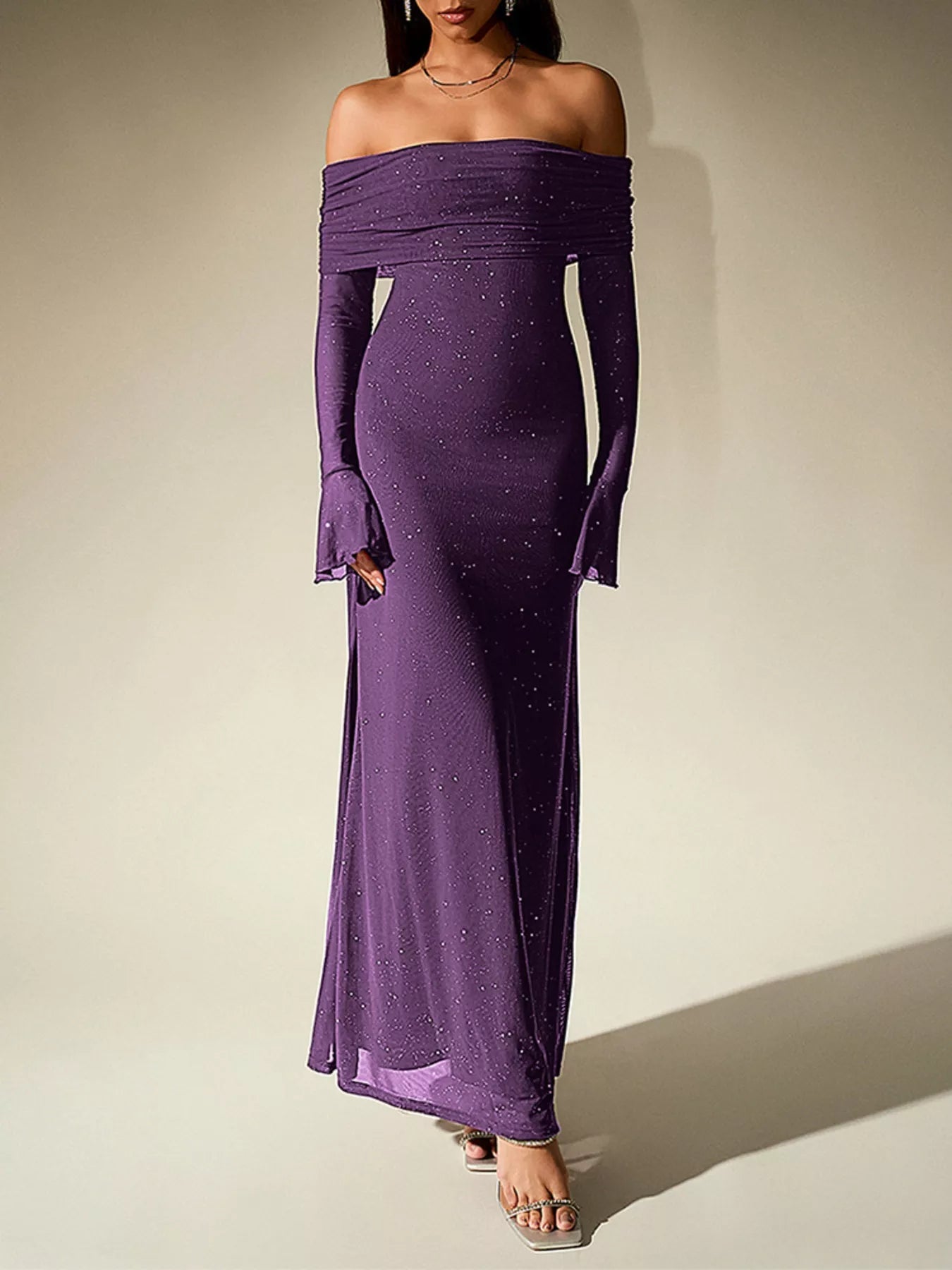 Glitter Off-Shoulder Maxi Dress - Lara Moda