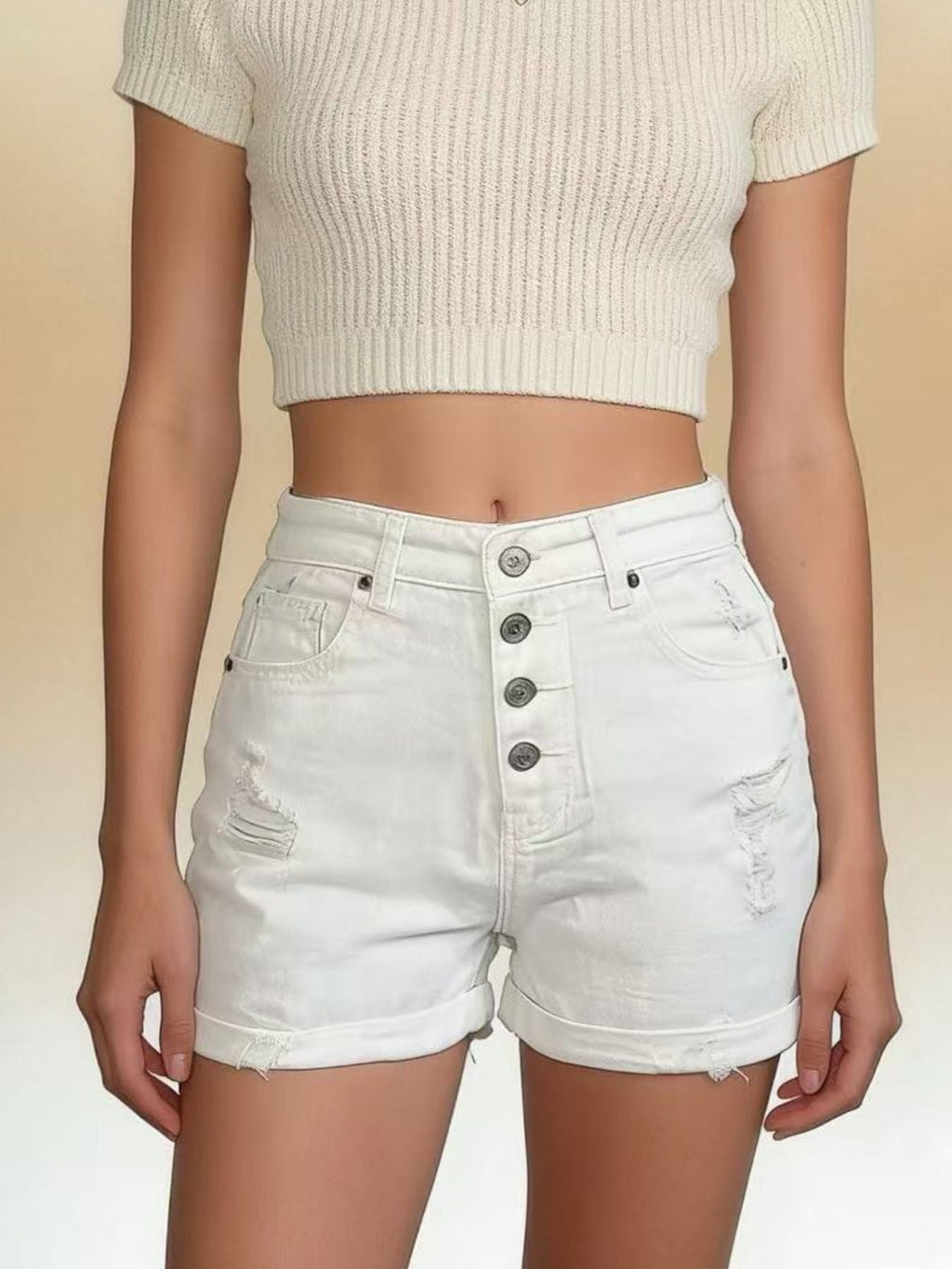High-Waisted Button-Fly Distressed Denim Shorts - Lara Moda