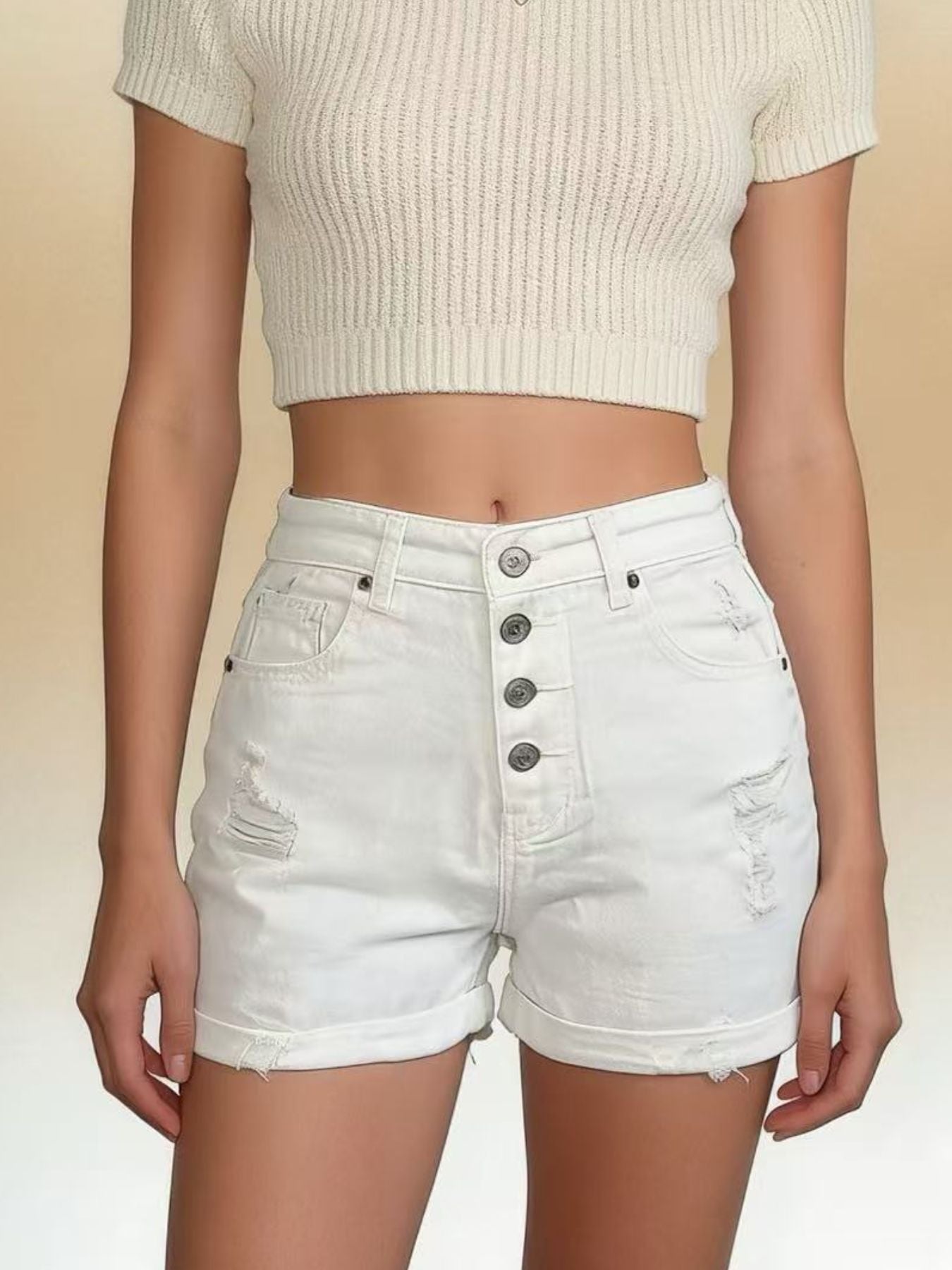 High-Waisted Button-Fly Distressed Denim Shorts - Lara Moda