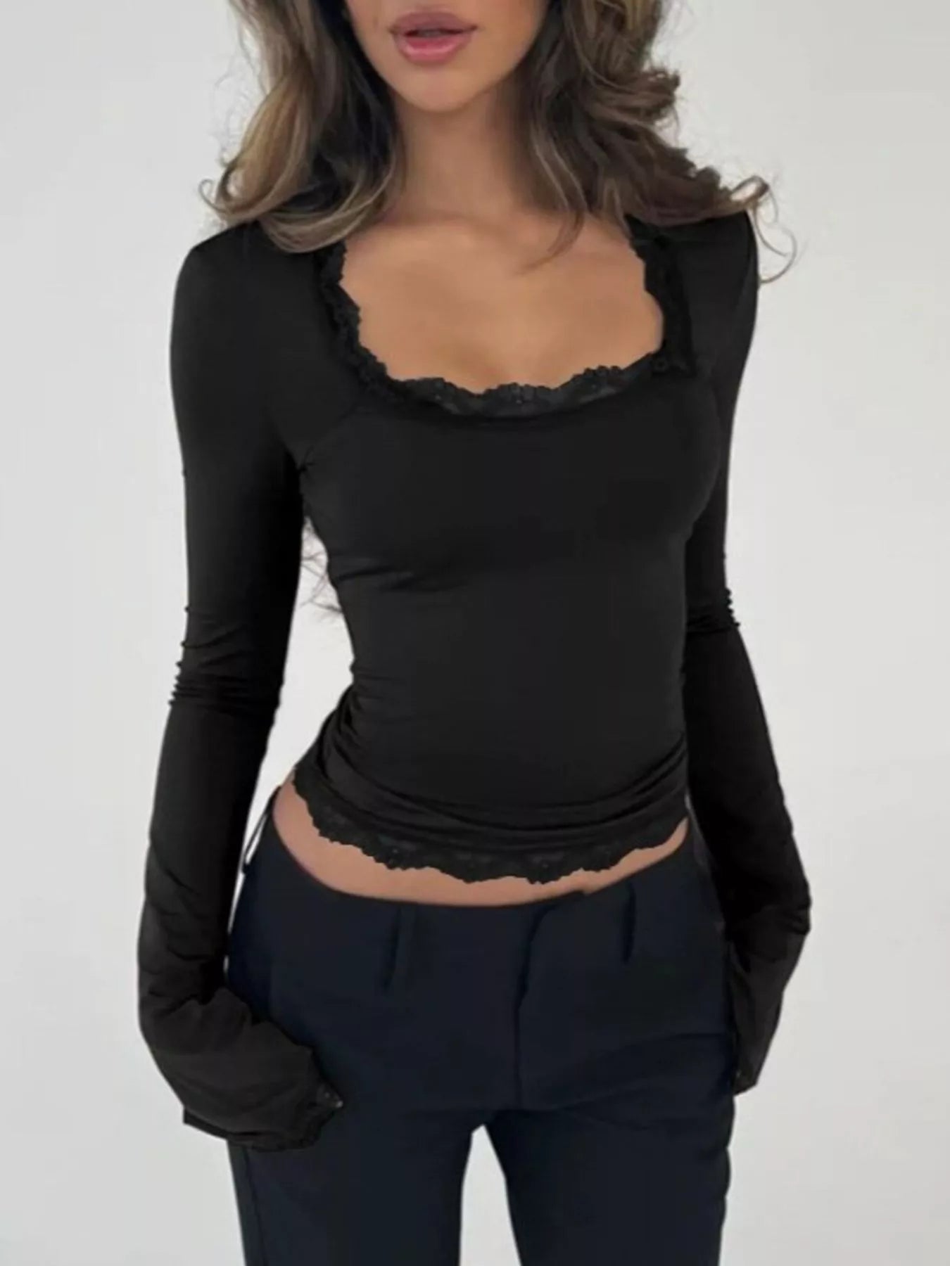 Lace Trim Square Neck Long Sleeve Top - Lara Moda