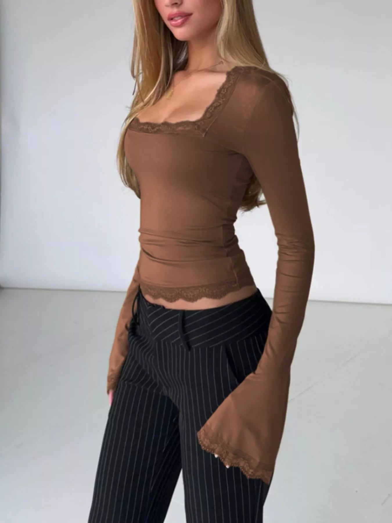 Lace Trim Square Neck Long Sleeve Top - Lara Moda