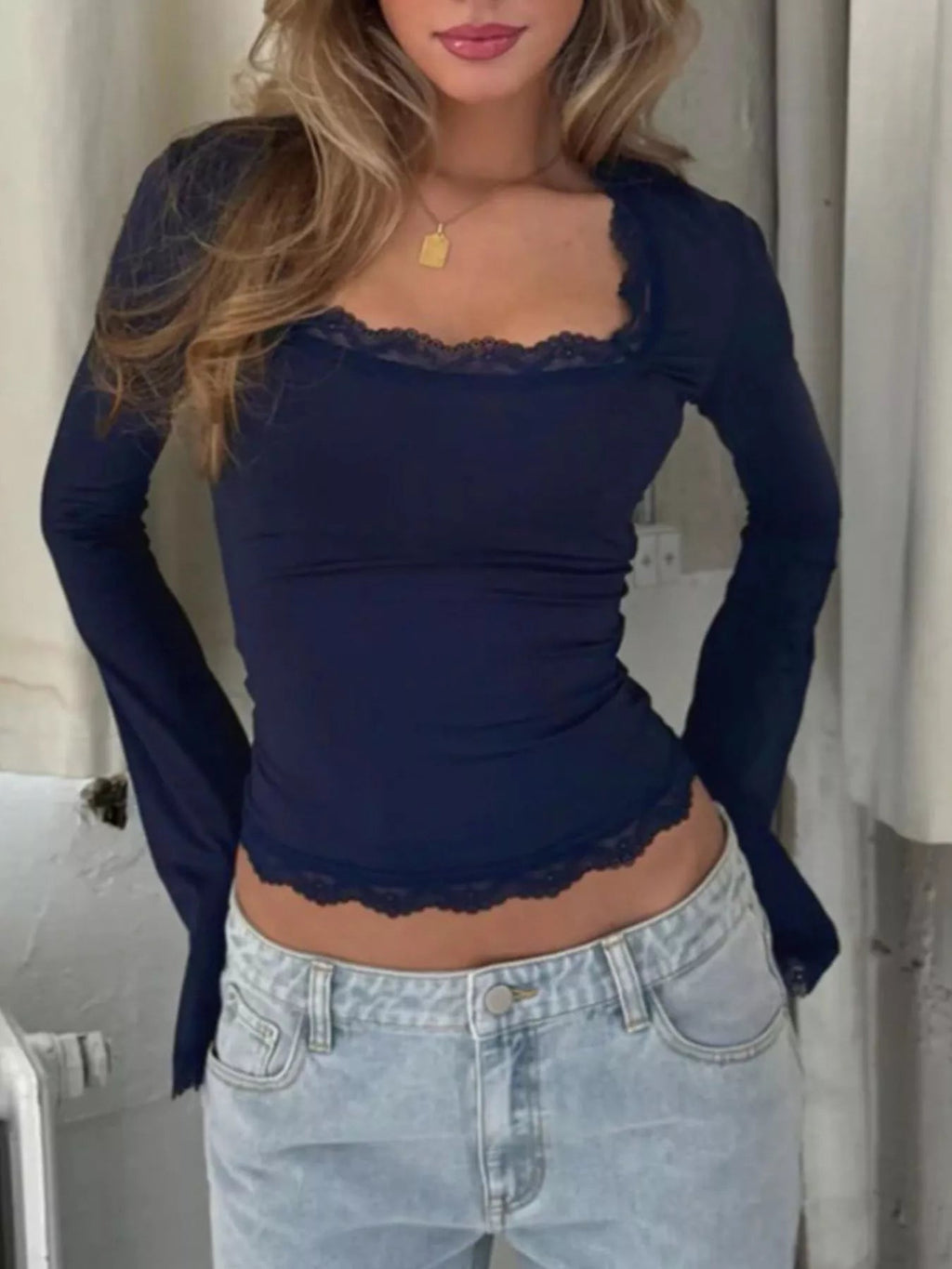 Lace Trim Square Neck Long Sleeve Top - Lara Moda