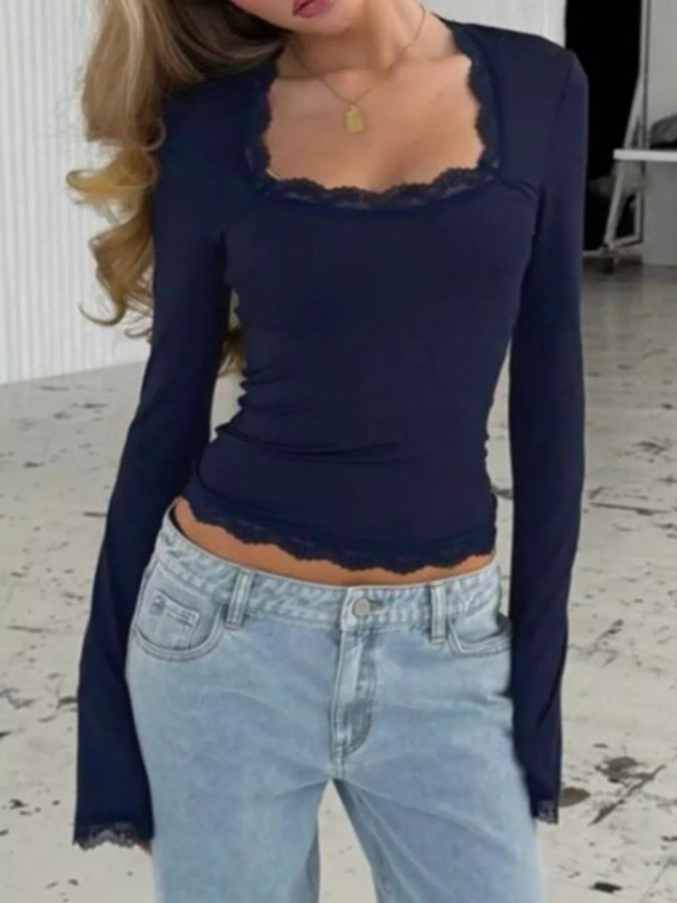Lace Trim Square Neck Long Sleeve Top - Lara Moda