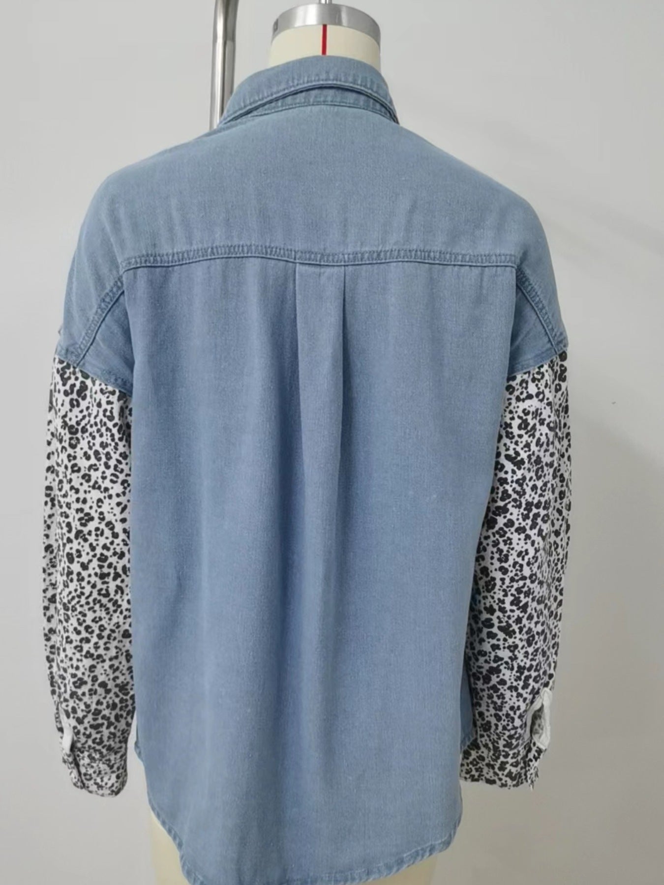 Leopard Patchwork Button Up Denim Shirt - Lara Moda