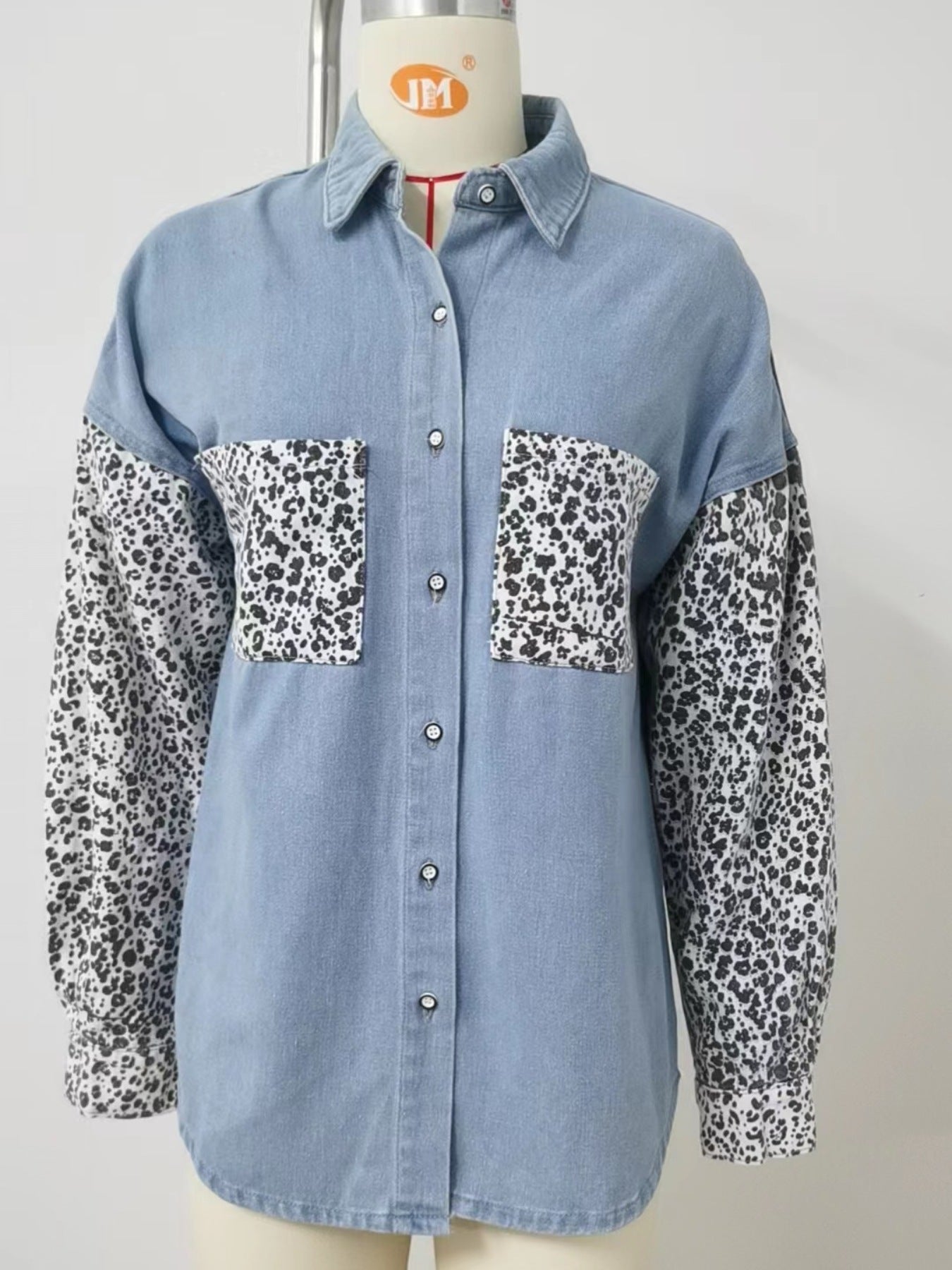 Leopard Patchwork Button Up Denim Shirt - Lara Moda