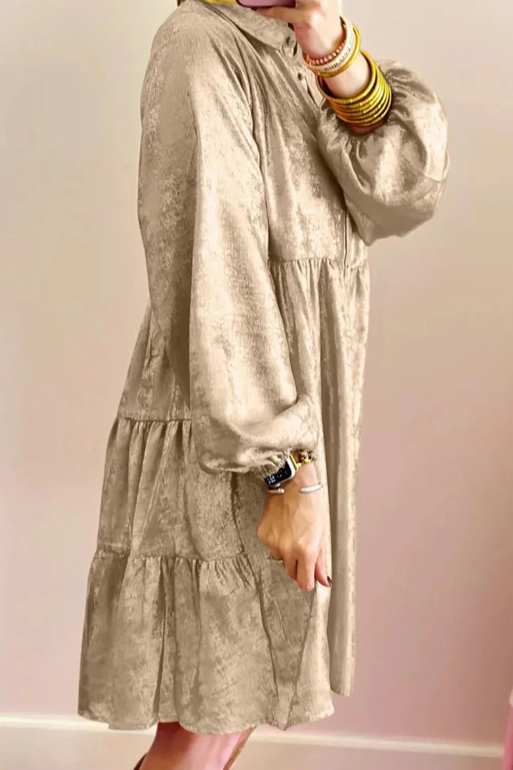 Metallic Sheen Long Sleeve Mini Dress - Lara Moda