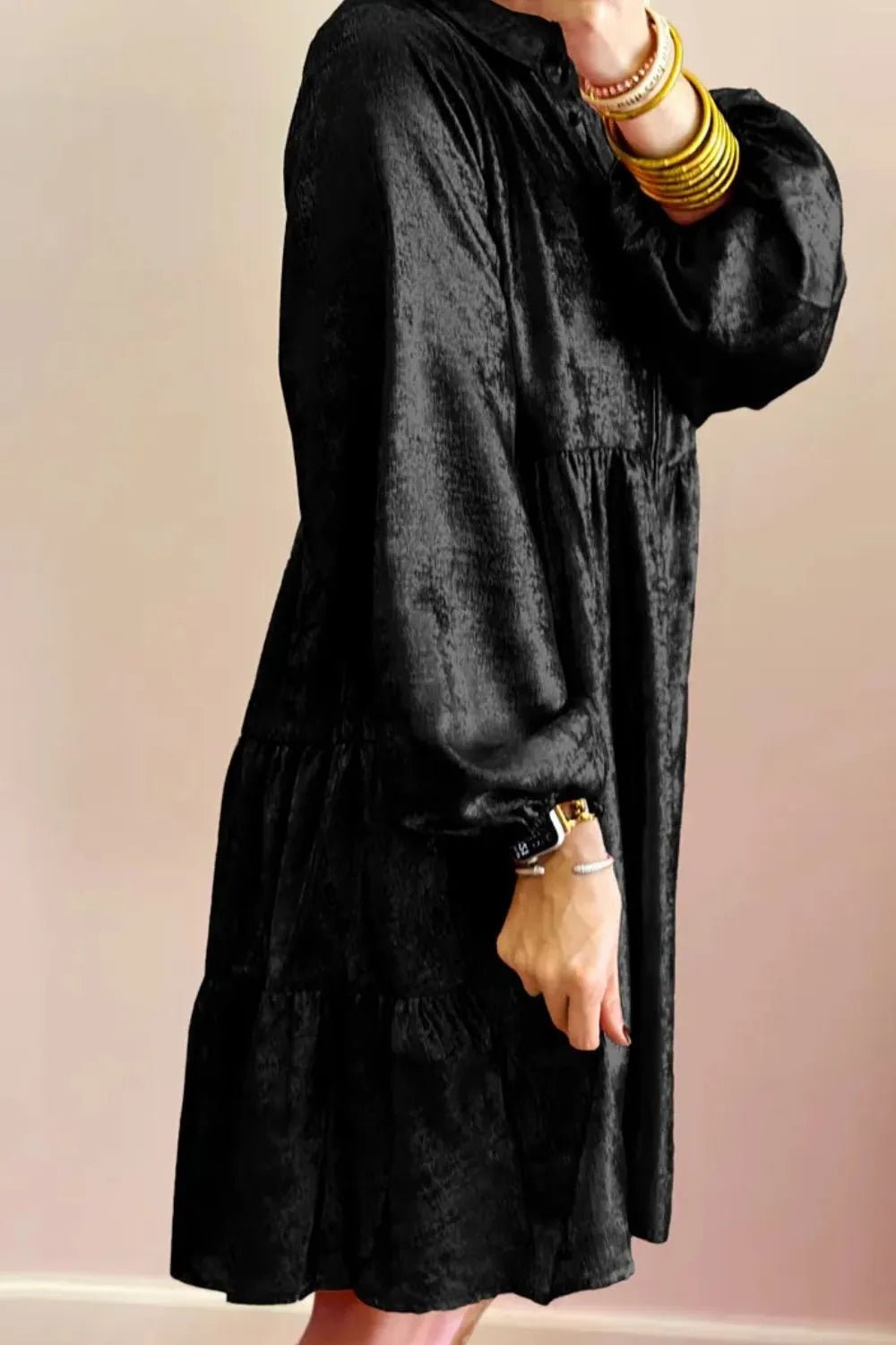 Metallic Sheen Long Sleeve Mini Dress - Lara Moda