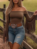 Off-Shoulder Fringe Sleeve T-Shirt - Lara Moda