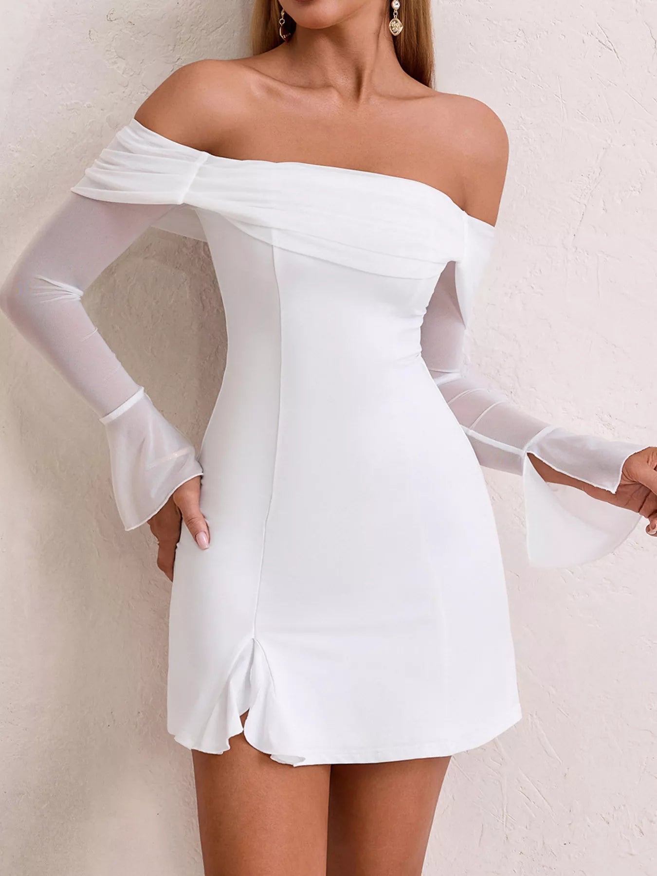 Off-Shoulder Long Sleeve Mini Dress - Lara Moda
