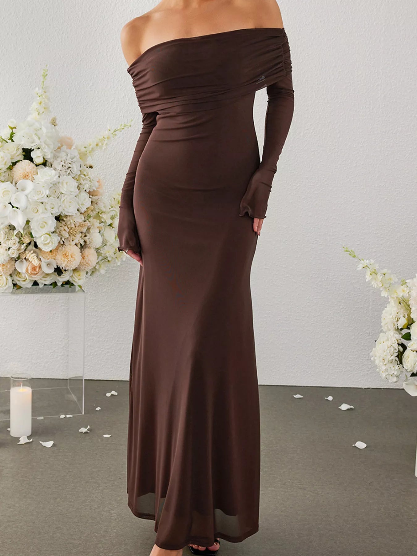 Off-Shoulder Ruched Long Sleeve Maxi Dress - Lara Moda