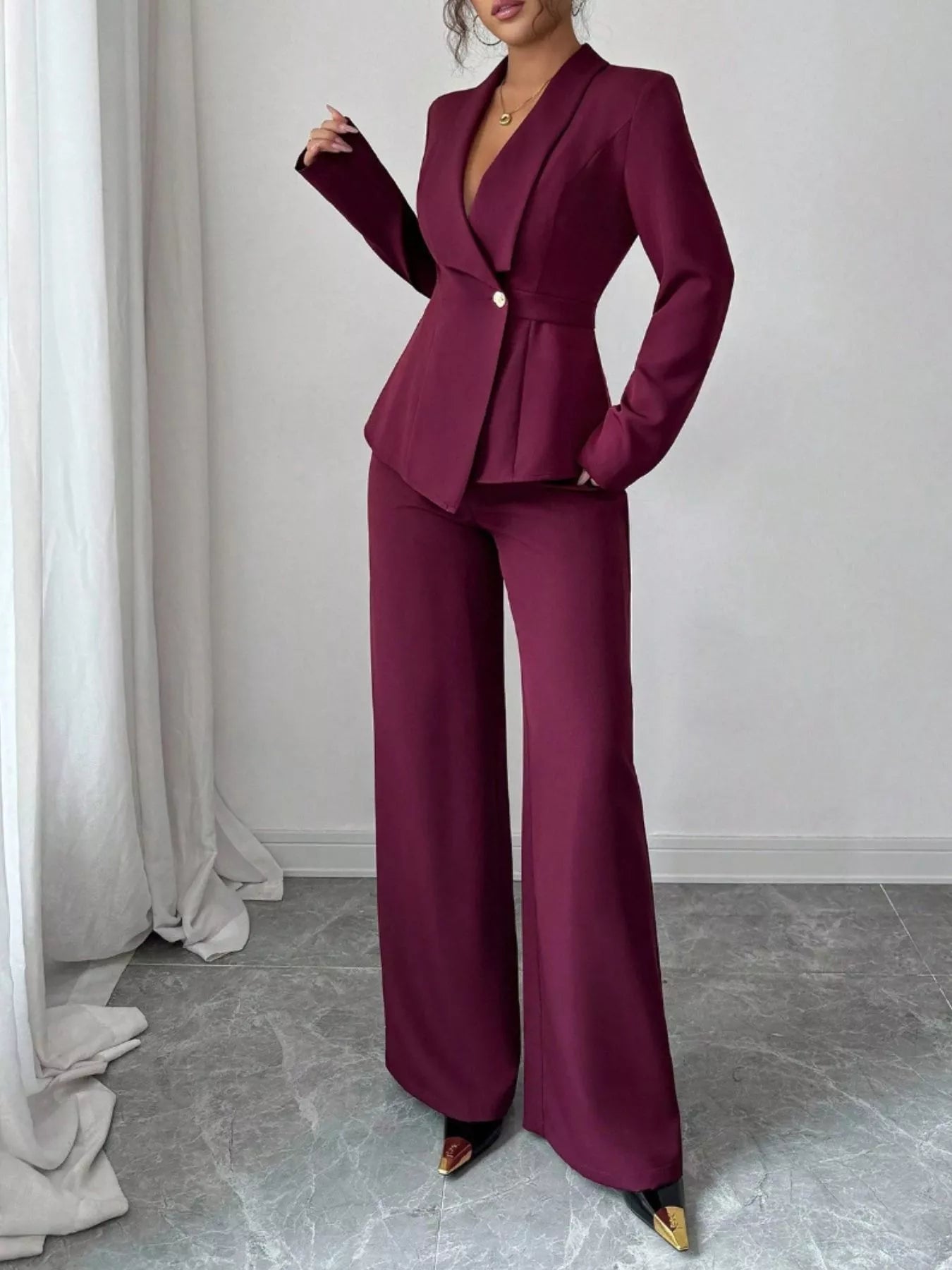 One Button Blazer and Pants Set - Lara Moda