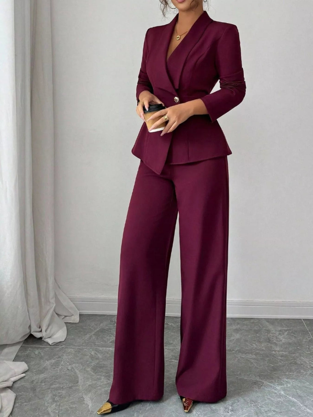 One Button Blazer and Pants Set - Lara Moda