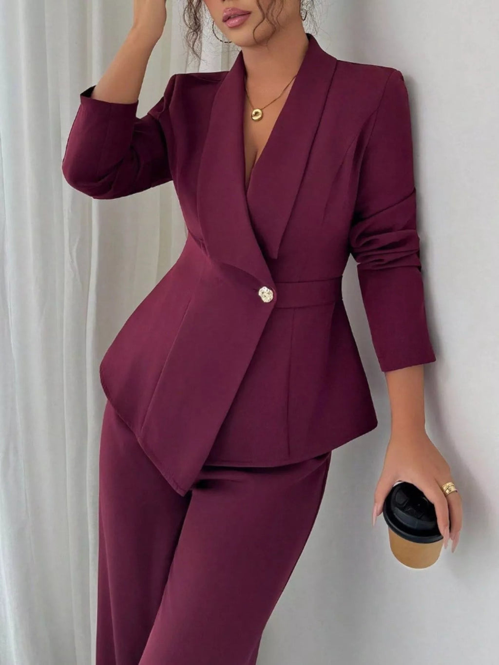One Button Blazer and Pants Set - Lara Moda