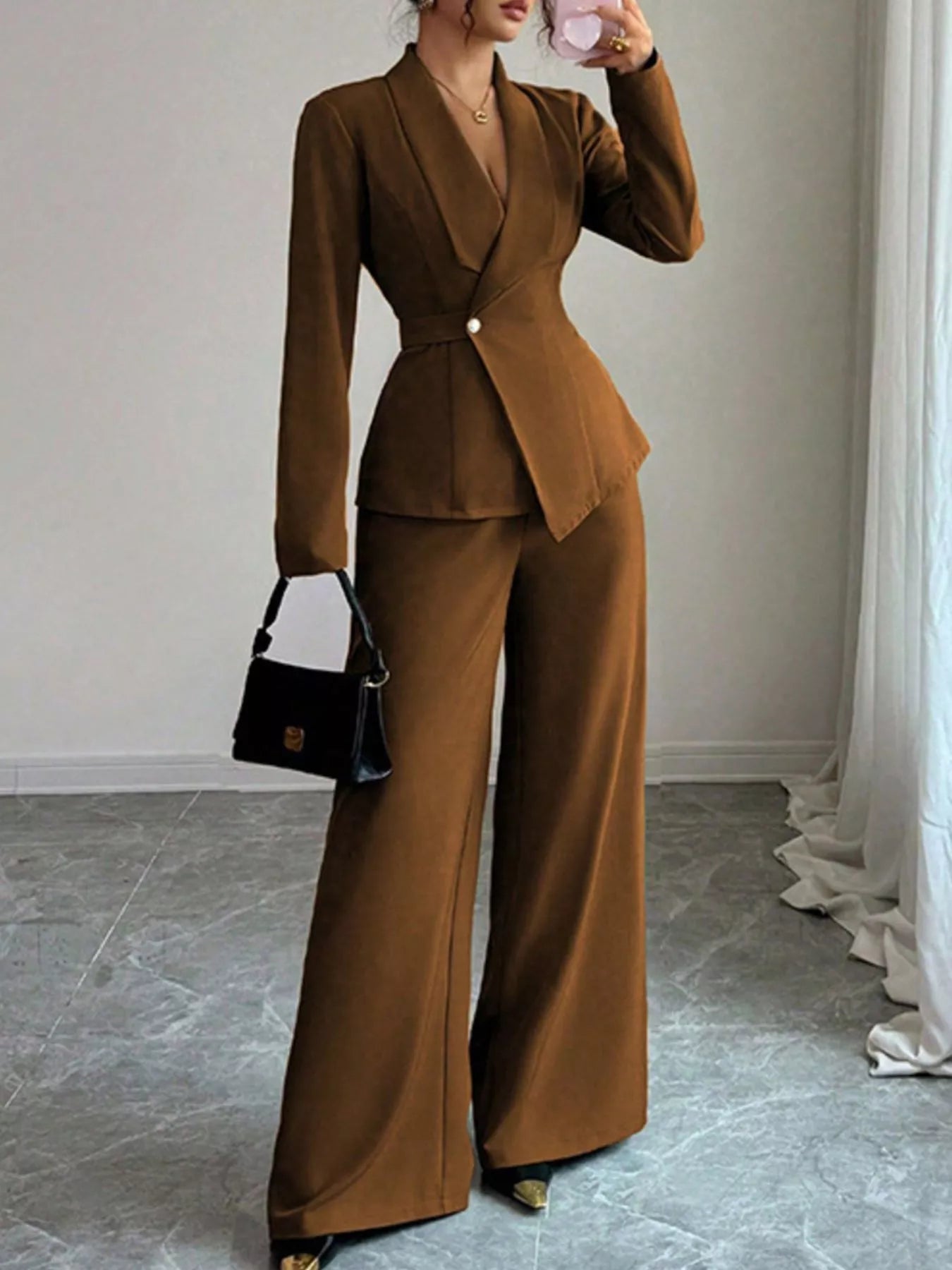 One Button Blazer and Pants Set - Lara Moda