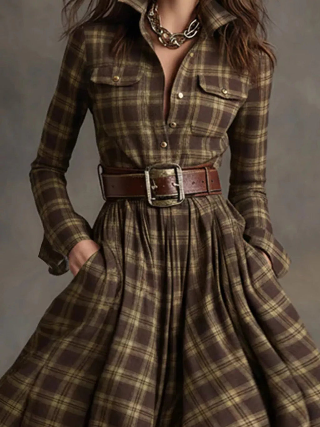 Plaid Button Front Maxi Shirt Dress - Lara Moda