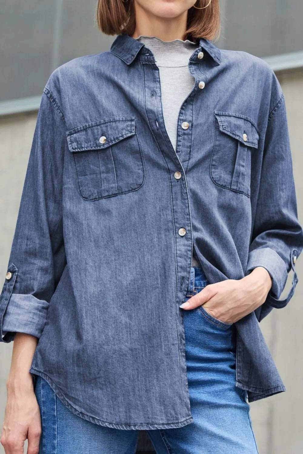 Pocketed Collared Neck Long Sleeve Denim Top - Lara Moda