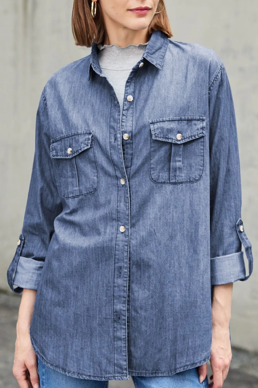 Pocketed Collared Neck Long Sleeve Denim Top - Lara Moda