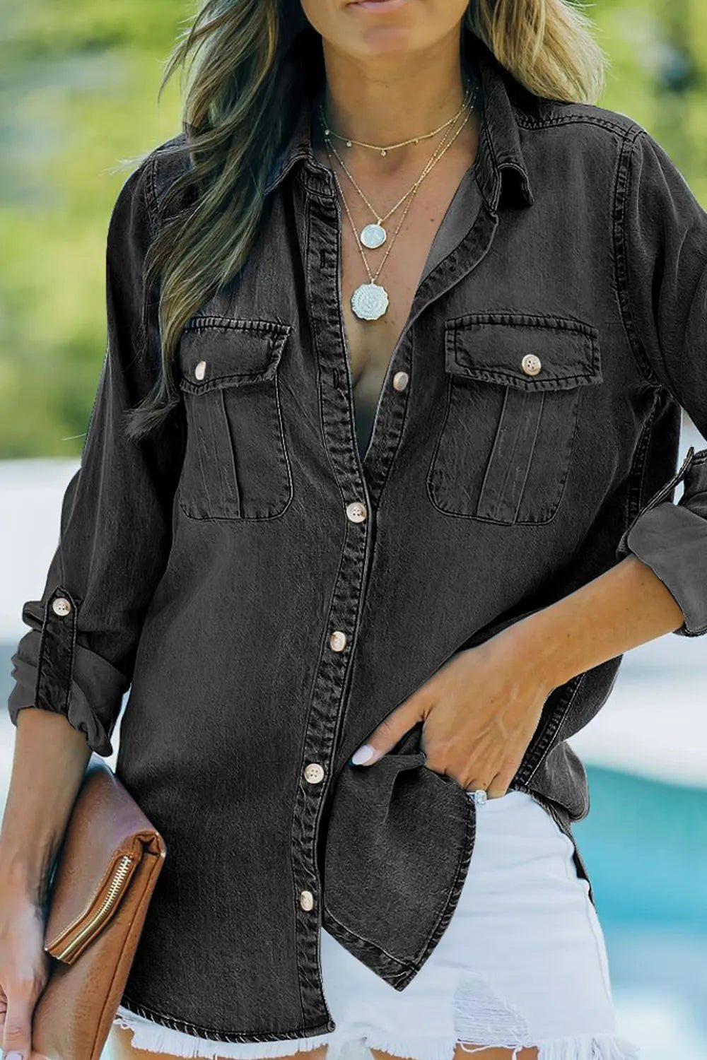 Pocketed Collared Neck Long Sleeve Denim Top - Lara Moda