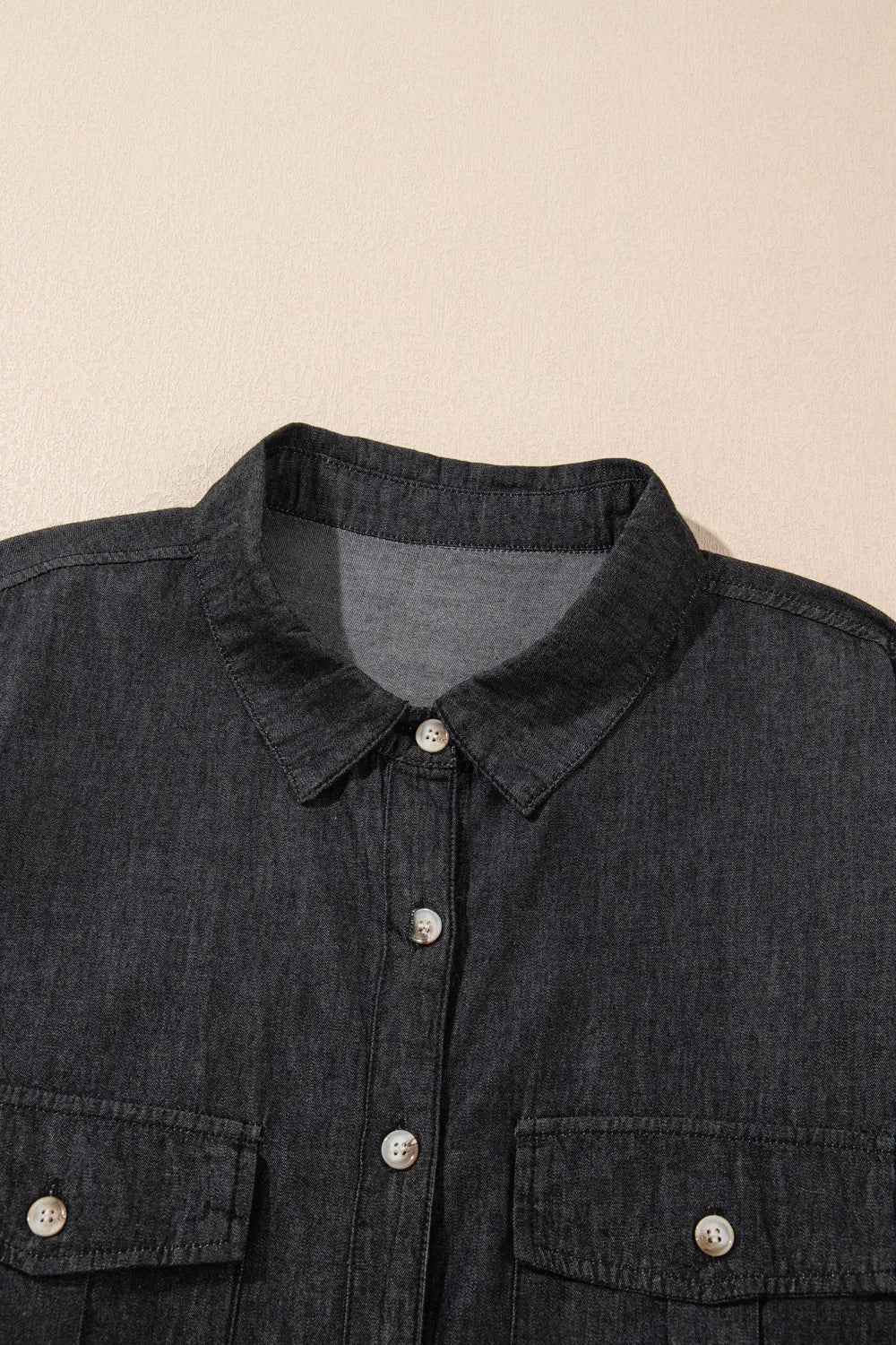 Pocketed Collared Neck Long Sleeve Denim Top - Lara Moda