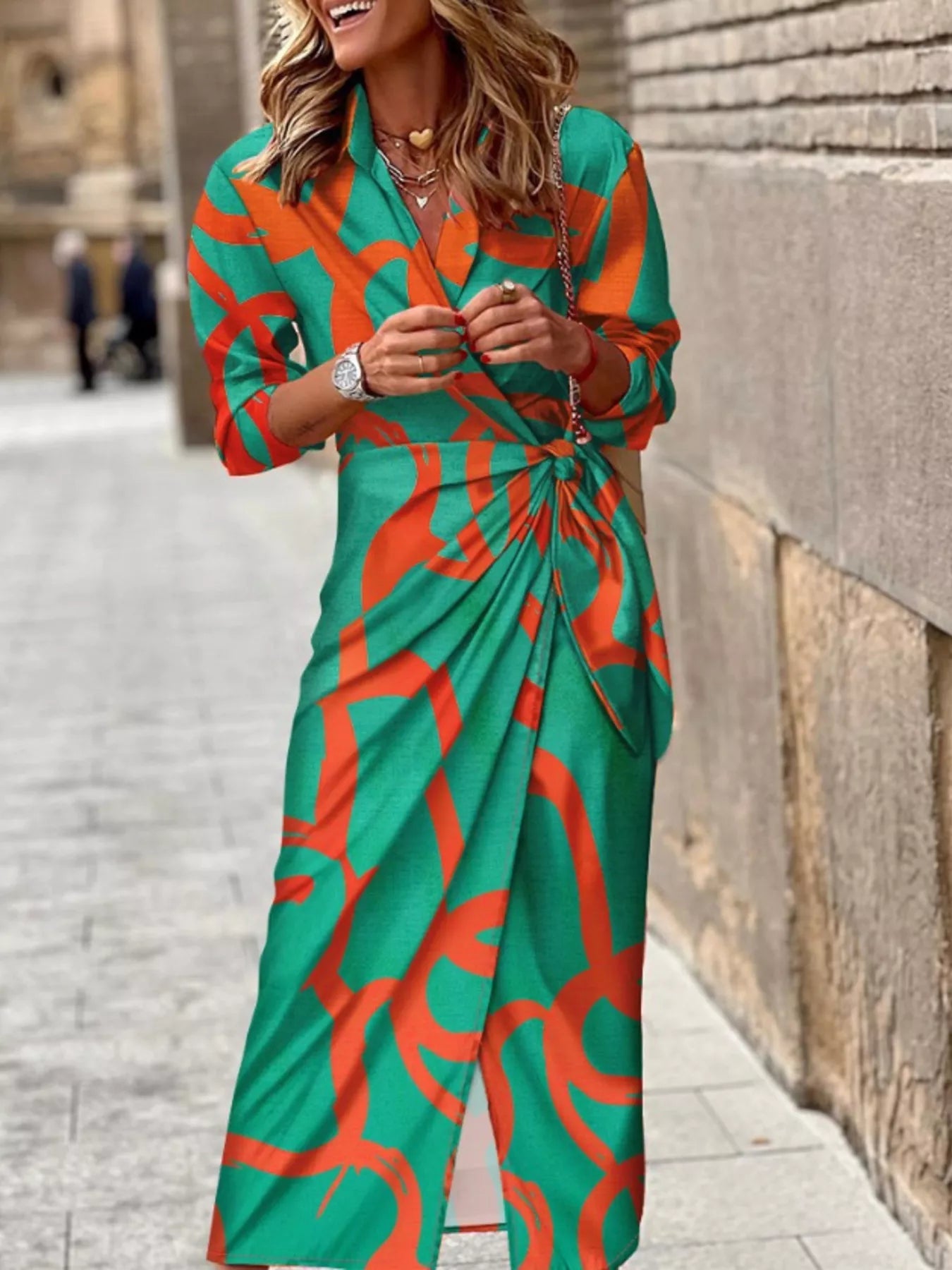 Printed Collared Neck Shirt Dress - Lara Moda