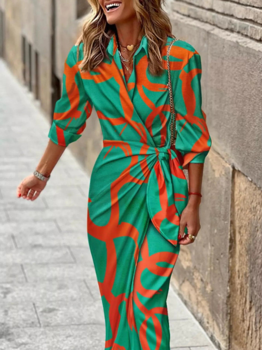 Printed Collared Neck Shirt Dress - Lara Moda